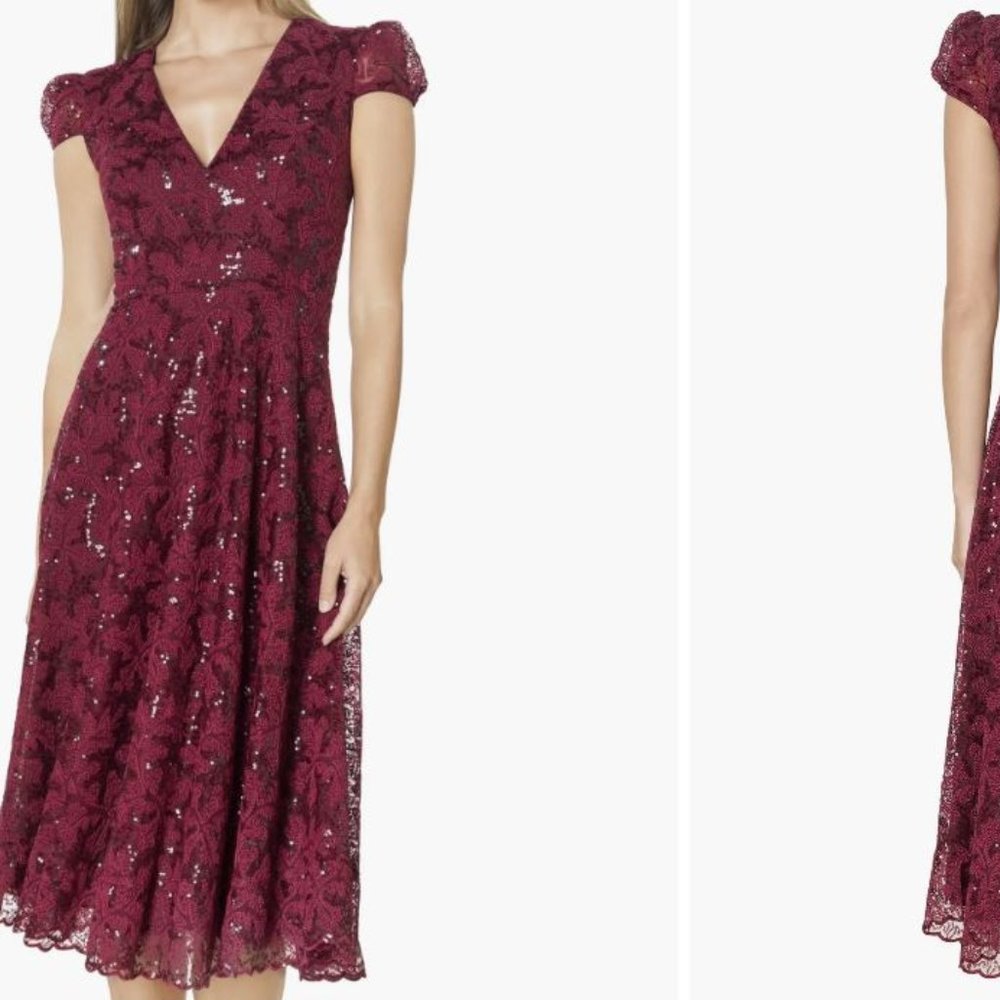 Dress the Population - Magdalena Floral V-Neck Sequin Lace Midi Dress (Burgundy)